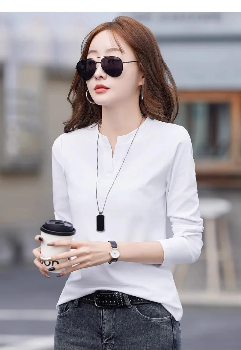 Spring and Autumn All Seasons Women's Long sleeved T-shirt Wine Red Pure Cotton New Fashion Large V-neck Slim fit Casual Top 3XL