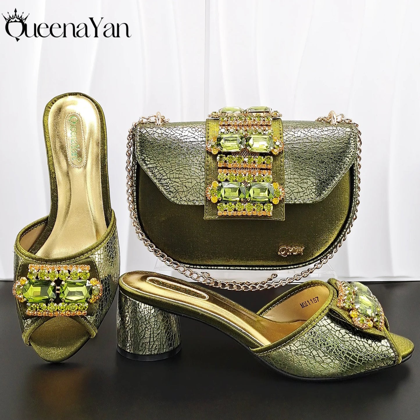 Newest Italian Design Fashion Comfortable Olive Color Peep Toe Party Wedding or Work Women's High Heels with Diamond Oval Bag
