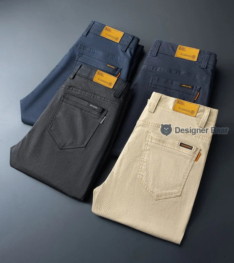 Brand Clothing Spring Summer Men's Casual Pants 97%Cotton Straight Solid Color Business Leisure Long Trousers Khaki Grey Blue