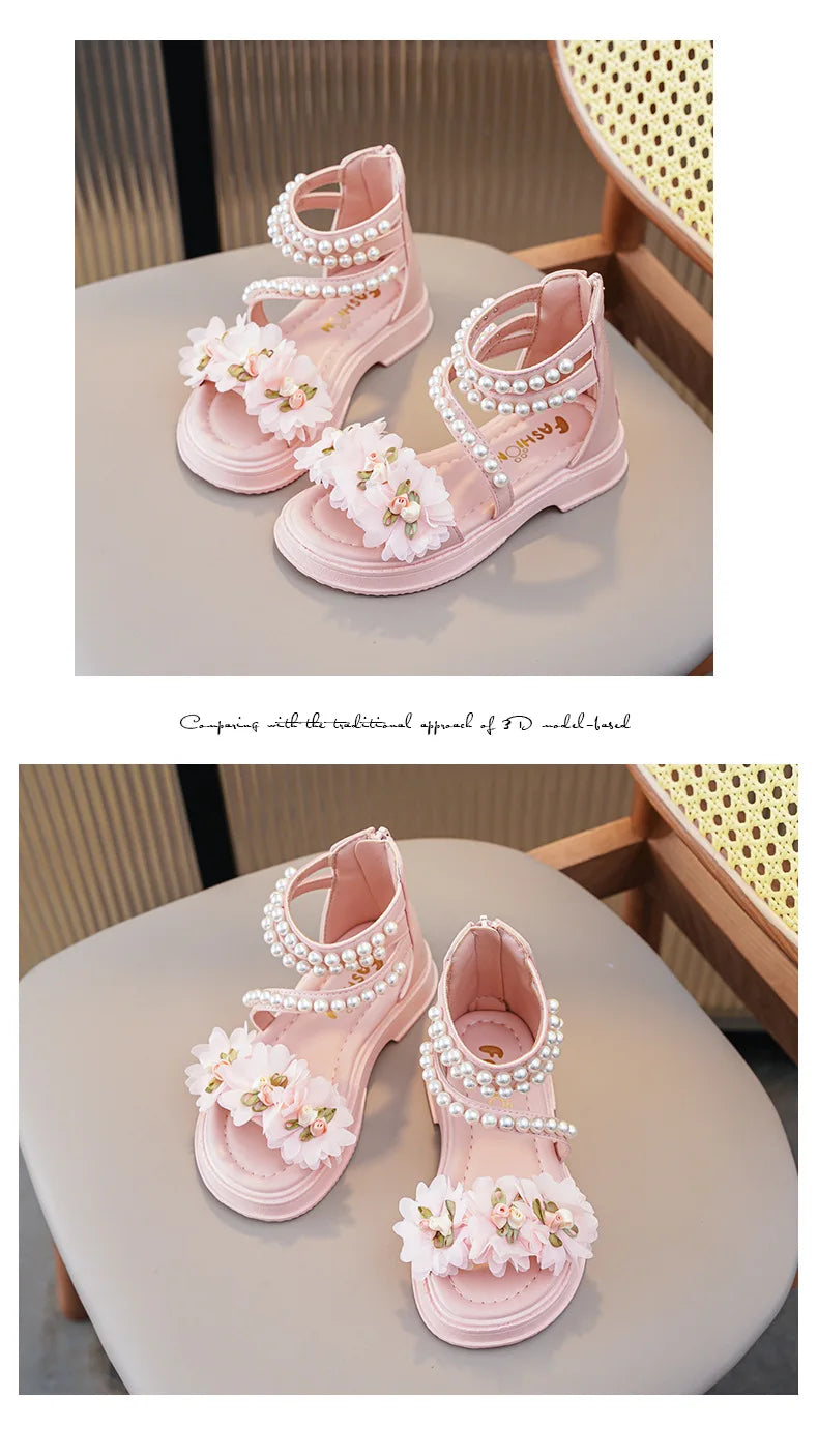Children's Sandals for Girls Elegant Sandals Pearl Beading Sweet Princess Dress Shoes Kids High-top Roman Sandals Back Zipper