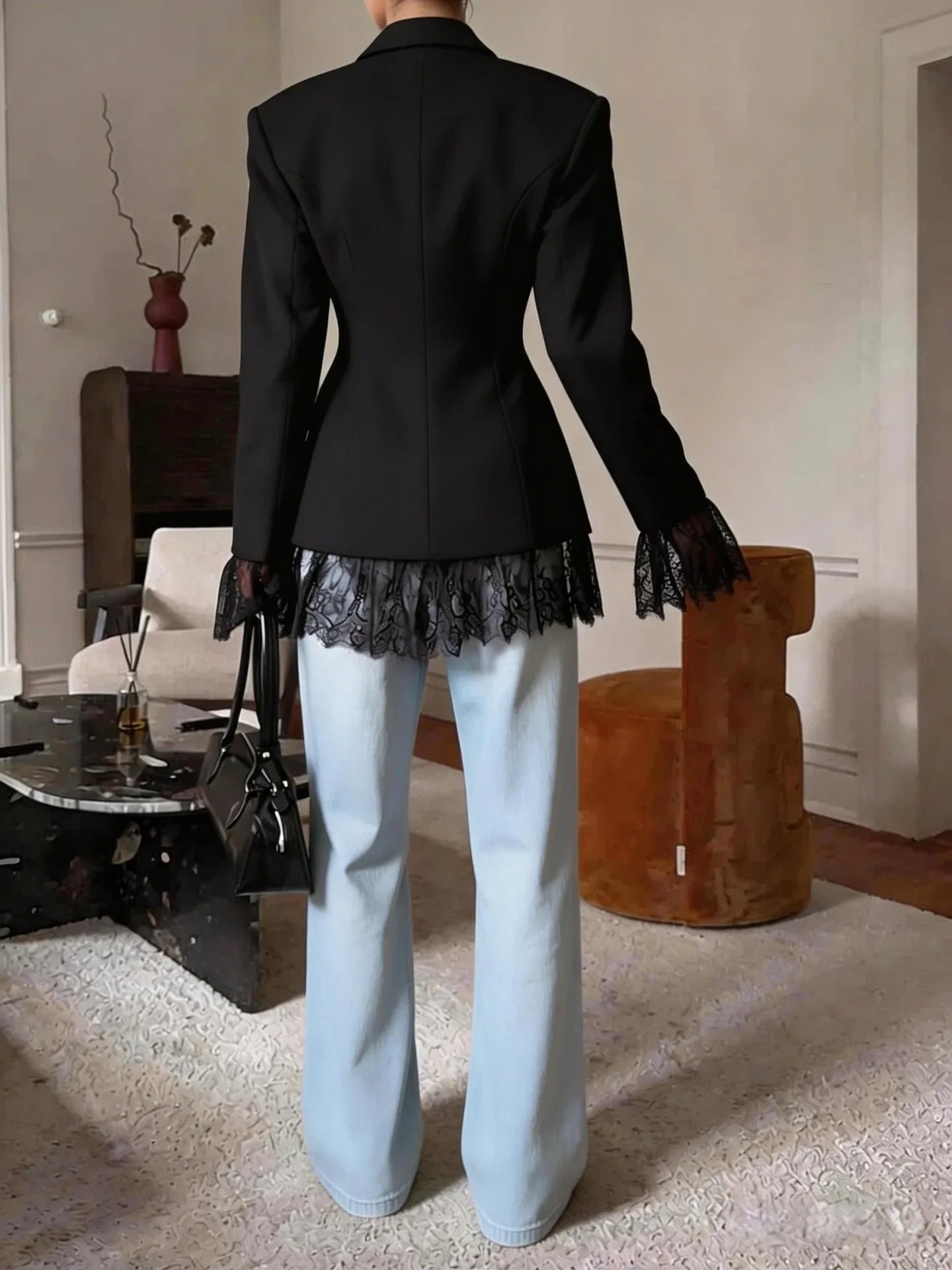 2026 New Women's Lace Splice Slim Fit Suit Jacket Korean Style Commute Design Sensation High Waist Waist-Cinching Outerwear