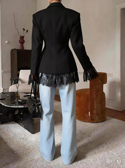 2026 New Women's Lace Splice Slim Fit Suit Jacket Korean Style Commute Design Sensation High Waist Waist-Cinching Outerwear
