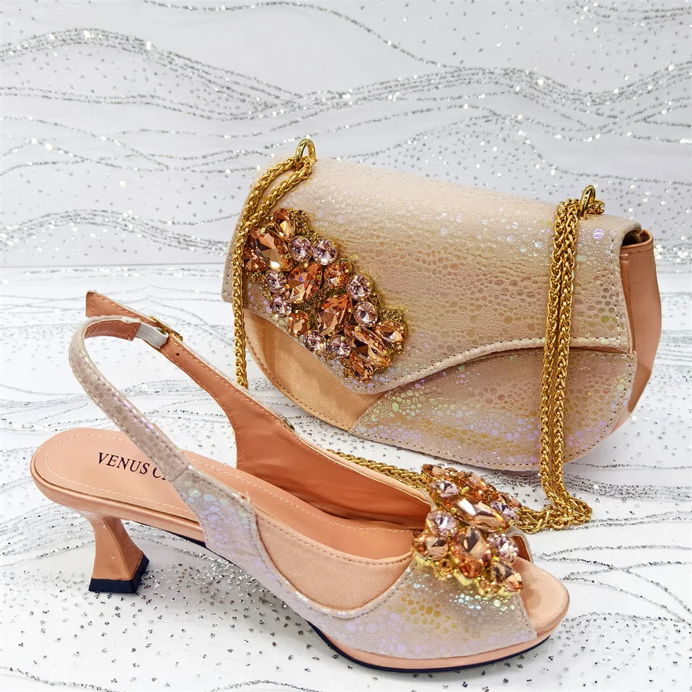 2025 Newest INS Style Gold Color Elegant Women High Heels Nigeria Popular Designer African Ladies Shoes And Bag Set