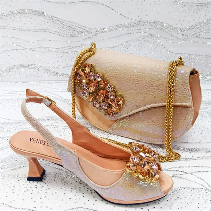2025 Newest INS Style Gold Color Elegant Women High Heels Nigeria Popular Designer African Ladies Shoes And Bag Set