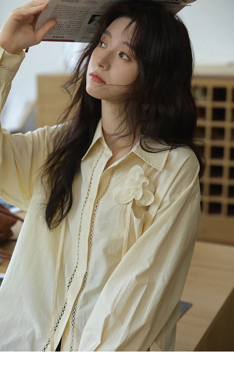 100% Cotton Shirt For Women Autumn 2025 New Fashion Petal Ribbon Button Long Sleeves Shirt Women's Clothing MXE41C2349