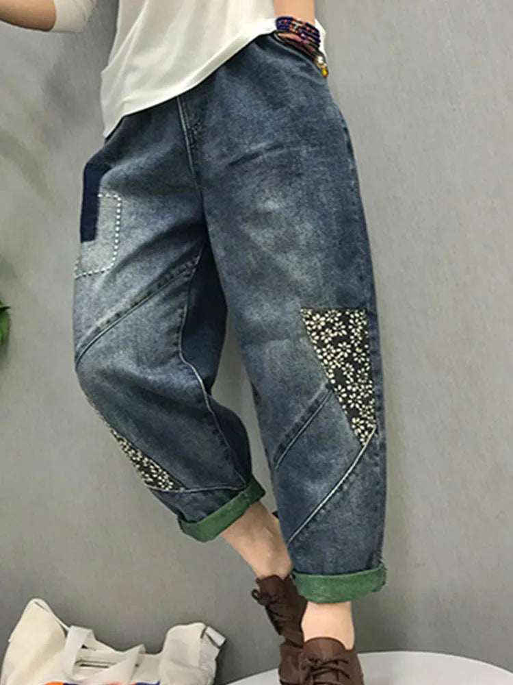 2024 Chinese Style Spring Womens Printed Patchwork Jeans Ladies Vintage Blue Denim Pants Female Casual Punk Pantalons