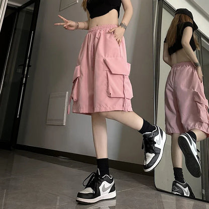 Women High Waist Cargo Shorts American Style Streetwear Summer Wide Leg Pants Fashion Female Big Pocket Loose Shorts New