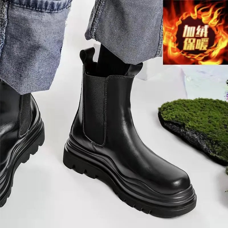 Fashion Mens Sheoes Platform Chelsea Boots Thick Bottom Split Leather Ankle Boots Male Footwear Round Toe Short Boots