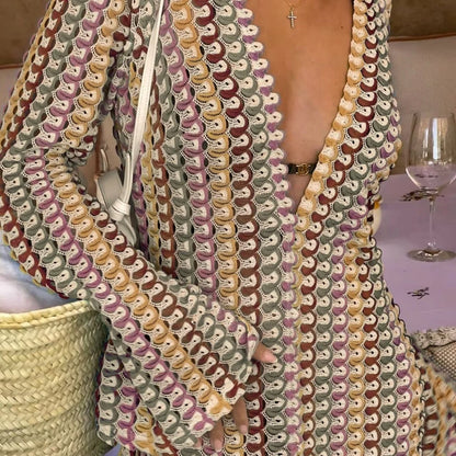 Crochet Colorful Stripe Maxi Dress Women Flare Sleeve Deep V-neck Split Sexy Long Dresses Spring Autumn Beach Banquet Vestidos