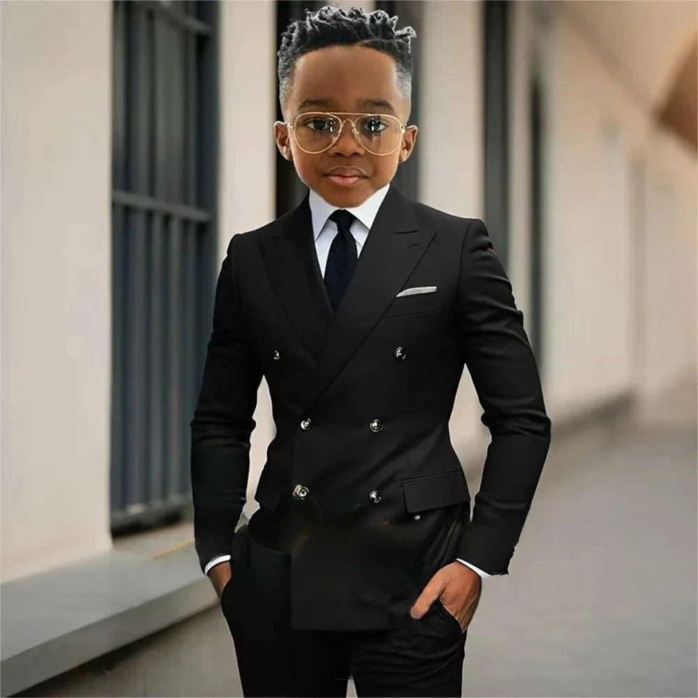 Boy's Formal Tuxedo 2 Pieces Jacket Pants For Piano Contest Performance Double Breasted Kids Party Suit Set Wedding Outfit