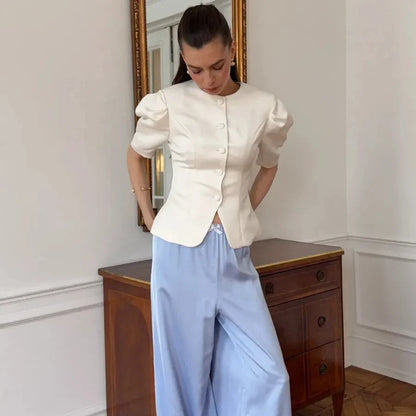 KT Elegant Satin Puff Sleeve Blouse for Women Round Neck Button Down Fitted Waist Asymmetric Hem Office & Formal Wear Tops