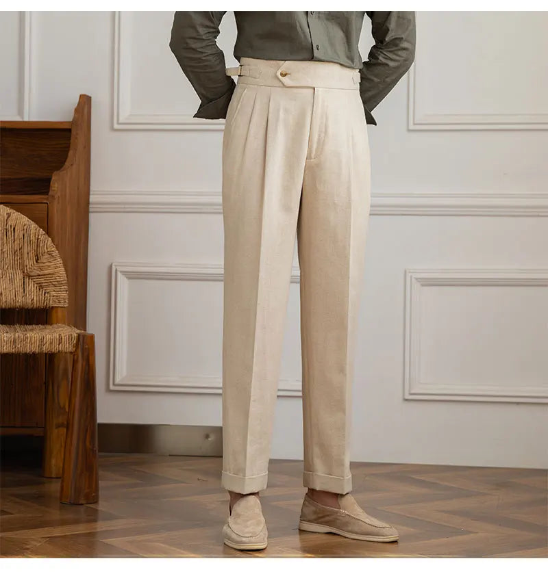 Three Gentleman Summer Naples Casual Straight Pants Men's Commuting Cotton and Linen Comfortable Breathable High Waist Pants