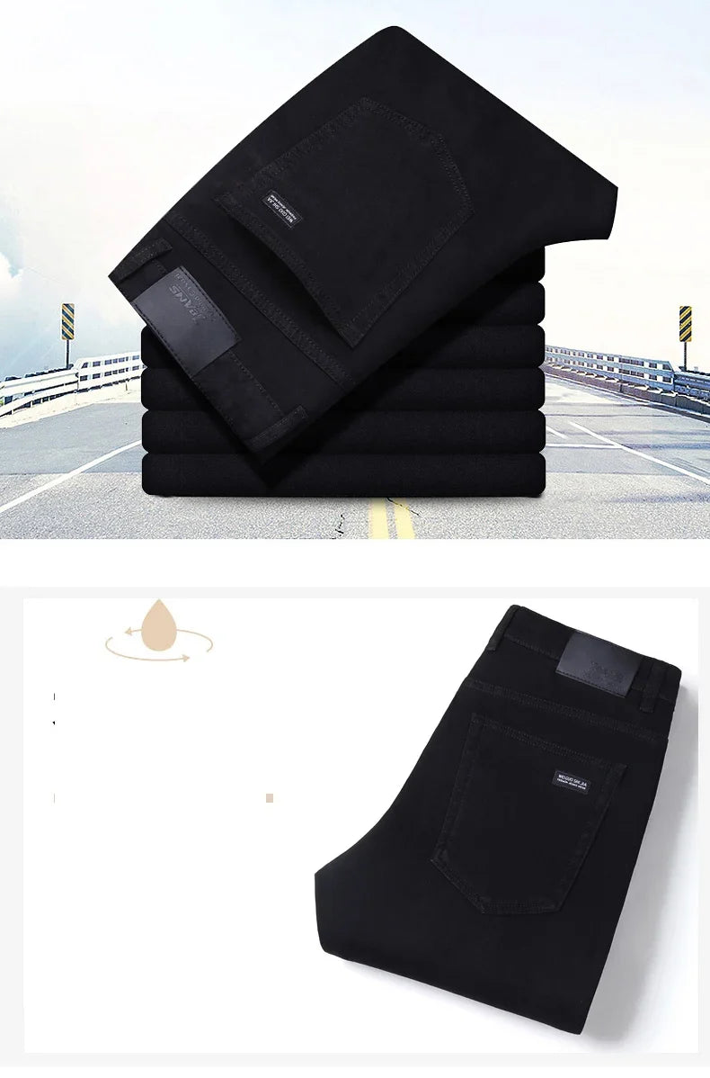 Men Classic Advanced Fashion Brand Pure Black Jeans Man Soft Breathe Stretch Slim Straight Denim Trousers Mens Pants Overalls