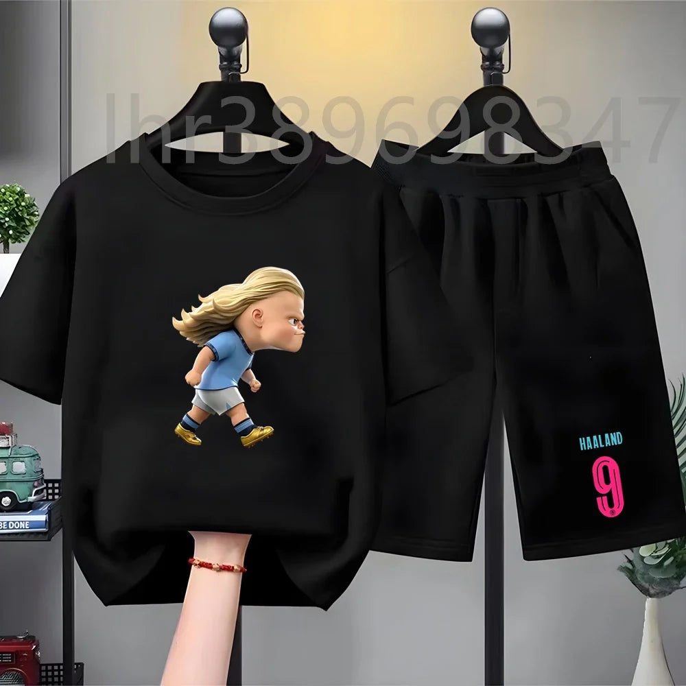 Children Black Tees Set Suitable Girls Boy Tshirt+Shorts 2pcs Kids Football Athletrint Short Sleeve White Summer Outfit