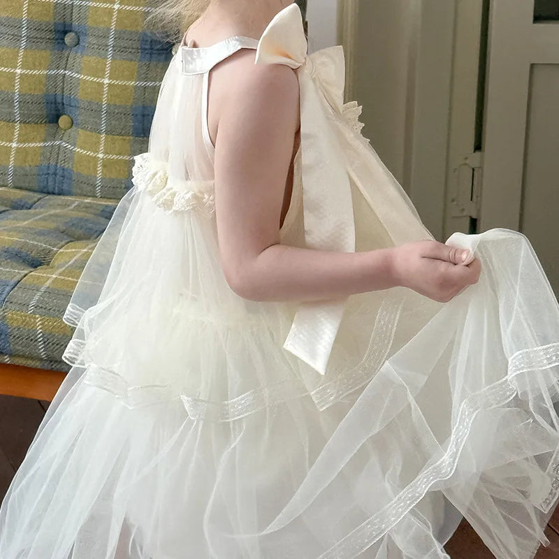 Girls Princess Dress Summer Kids French Sweet Sleeveless Bowknot Tulle Tutu Fluffy Birthday Party Pageant Dresses