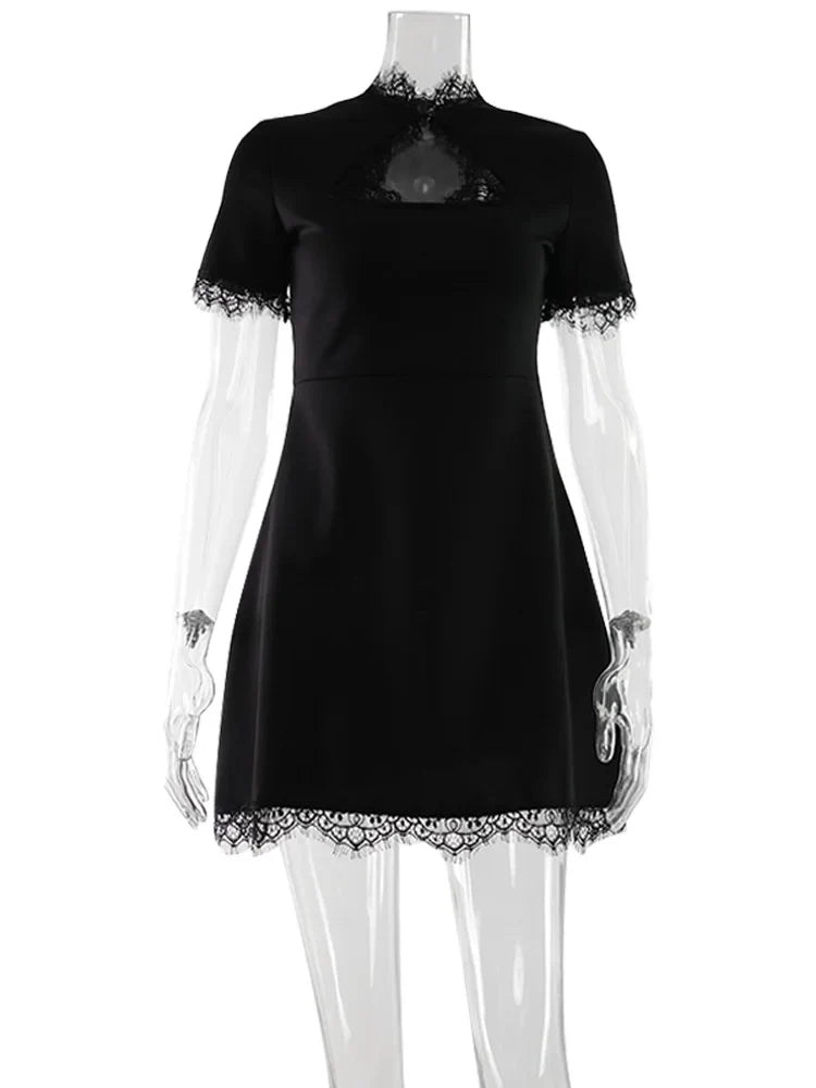 Sexy Women's Mini Dresses Patchwork Short Sleeves Lace Hollow Out Slim Fit Trend Baisc Turtleneck Streetwear Female Robe