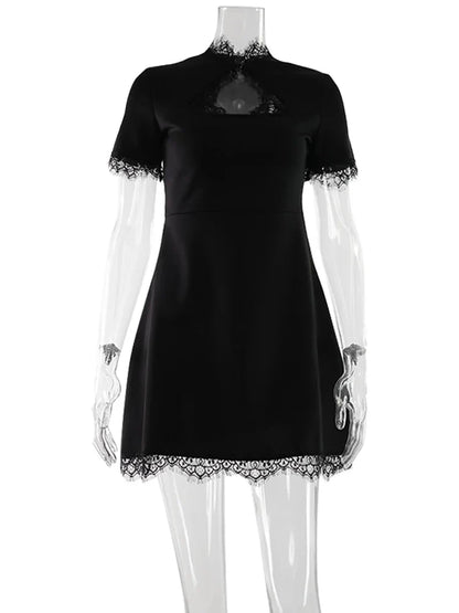 Sexy Women's Mini Dresses Patchwork Short Sleeves Lace Hollow Out Slim Fit Trend Baisc Turtleneck Streetwear Female Robe