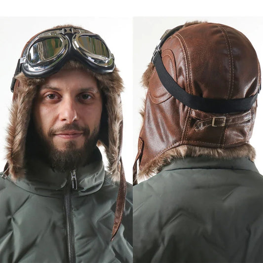 Winter Warm Bomber Hats With Goggles Men Outdoor Motorcycle Windproof Warm Faux Fur Pilot Earflap Caps Leather Thermal Ushanka