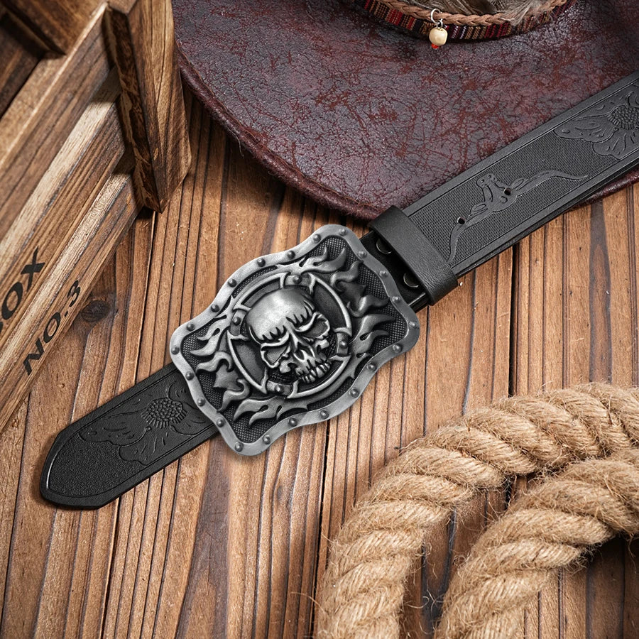 Skull Flame Belt Exquisite Carved Large Plate Buckle Alloy Buckle for Men and Women - Irregular Pattern Carved Flower Long Horn