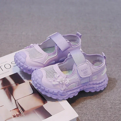 2026 summer new girls' bow mesh toe sandals soft and casual beach sandals children's outdoor walking non slip flat shoes