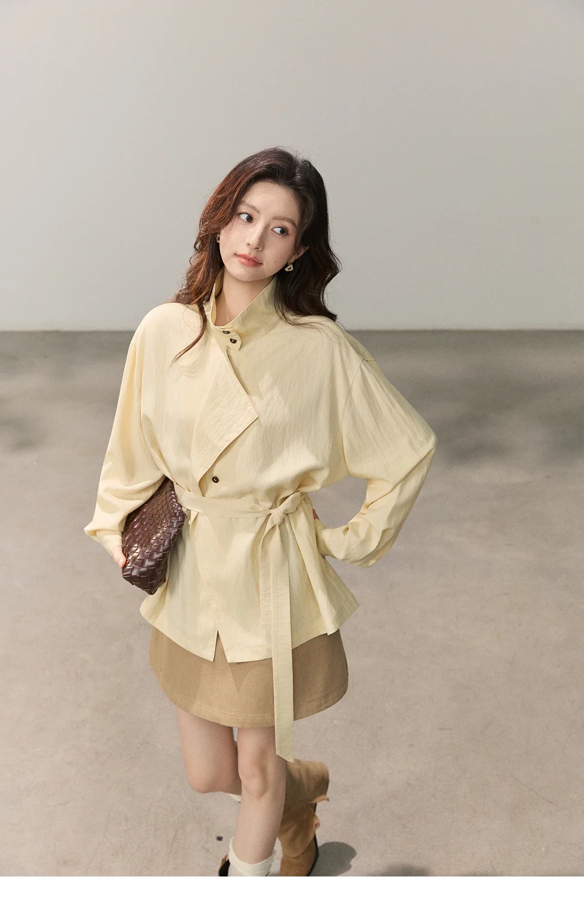 Women's Stand Collar Long Sleeve Shirts Spring Belted Waist Asymmetric Button Tops Casual Loose Solid Shirt MXF13C2459