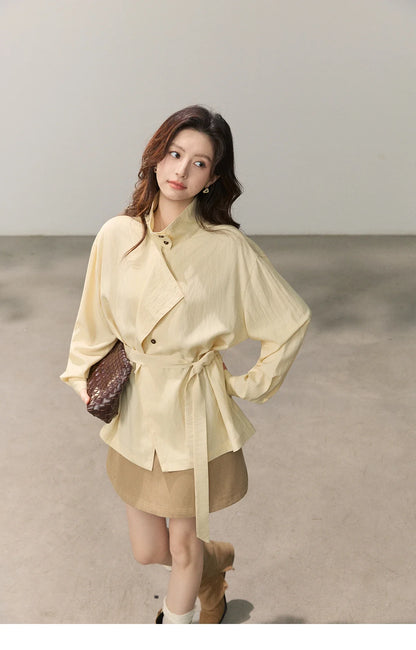 Women's Stand Collar Long Sleeve Shirts Spring Belted Waist Asymmetric Button Tops Casual Loose Solid Shirt MXF13C2459