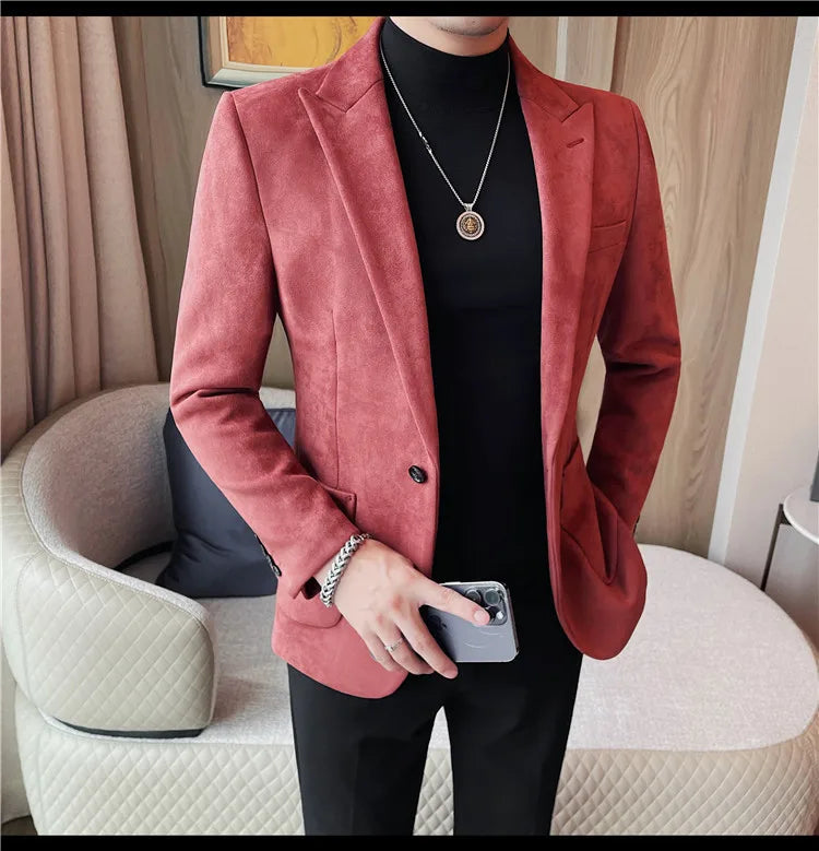 Classics Autumn Winter Suede Suit Jackets Fashion New Solid Slim Fit Business Office Social Blazer Wedding Top Mens Clothing 4XL