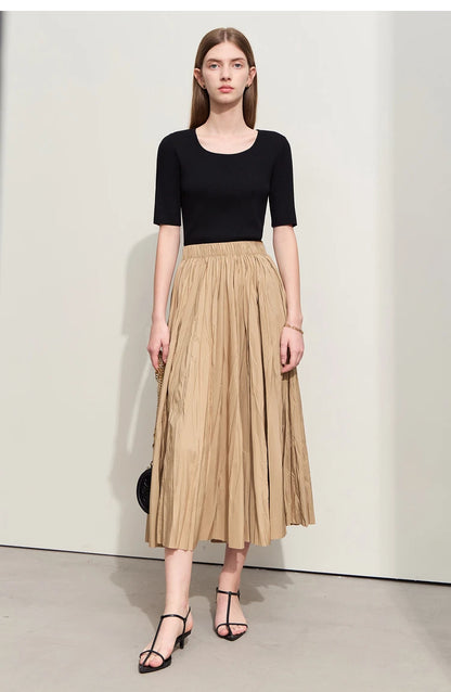 Minimalism Pleated A-Line Skirts Women 2024 Summer New Baiscs Rubber Band Waist Irregular Loose Large Hem Skirt 12442081