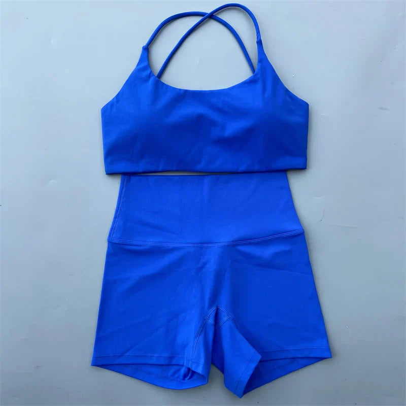 Yoga Shorts Set Gym Two Piece Sports Set Women Workout Outfit Fitness Suit Cross Straps Bra High Waist Shorts Running Tracksuit