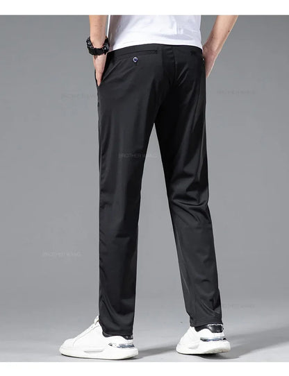 Ultra-thin Ice Silk Cool Men's  Casual Pants Summer New High Elasticity Quick-drying Drape Business Straight Trousers Black Gray