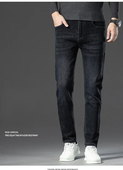 Men's Thicken Fleece Straight Jeans Winter Business Casual Stretch Denim Pants Warm Plush Brand Trousers Pans Male Classic
