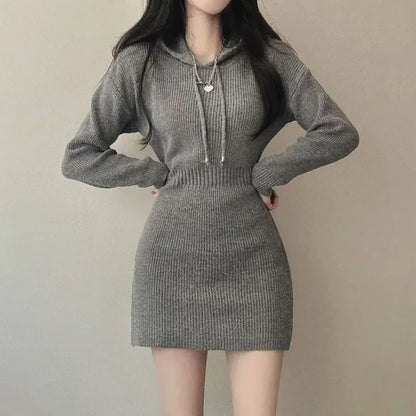 Sexy White Thicken Knit Mini Dress Woman Korean Elastic High Waist Bandage Dresses Women Hooded Outwear Long Sleeve Slim Dress