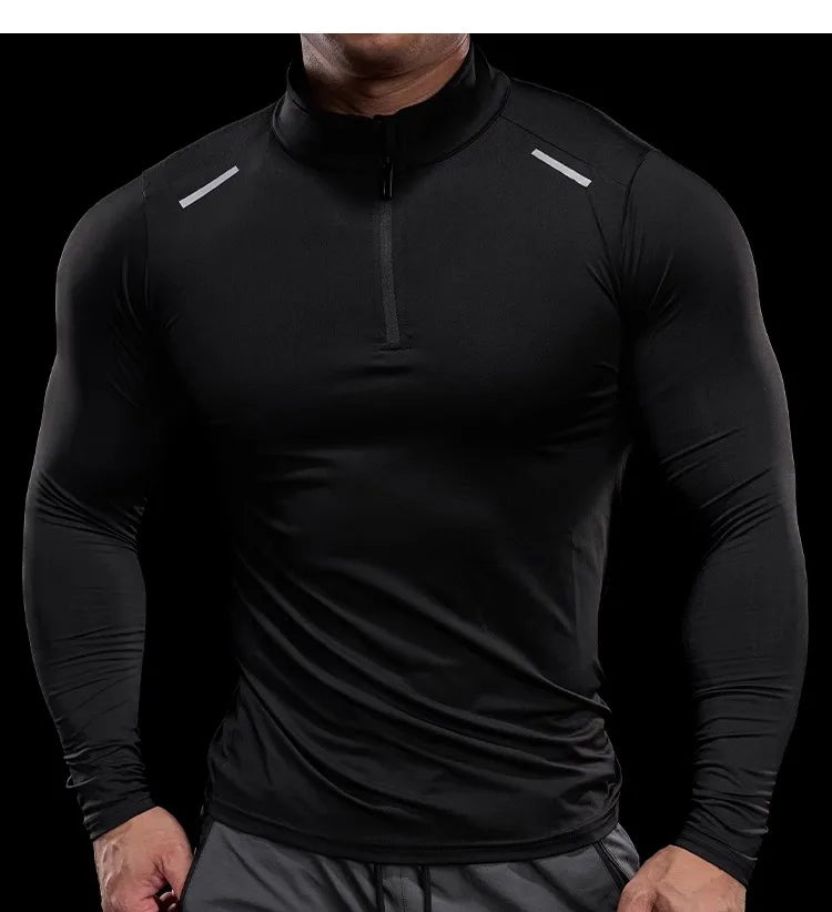Men Long Sleeve Stand Collar Zipper T-shirt Gym Running Training Fitness Bodybuilding Sport Top Quality Elastic Tight Tops Tees