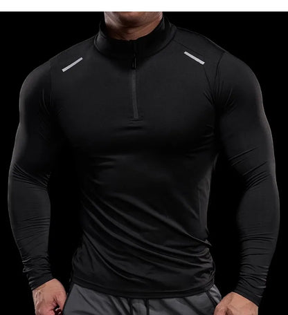 Men Long Sleeve Stand Collar Zipper T-shirt Gym Running Training Fitness Bodybuilding Sport Top Quality Elastic Tight Tops Tees