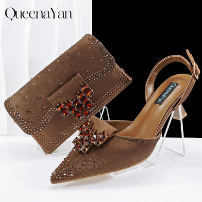 Elegant Navy Blue Handbag and Medium Heel Shoes Set with Beautiful Handmade Metal Decoration for Weddings and Parties