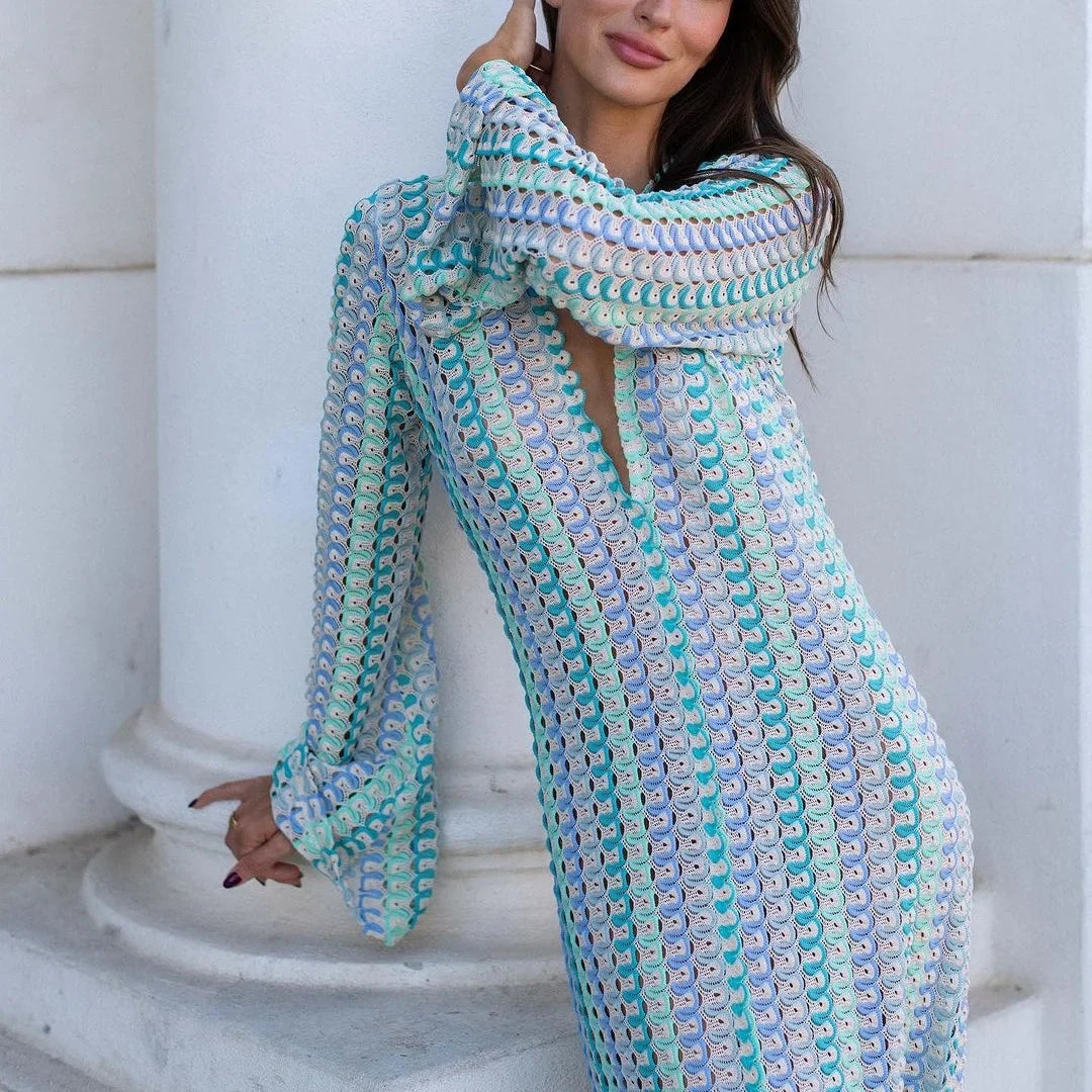 Crochet Colorful Stripe Maxi Dress Women Flare Sleeve Deep V-neck Split Sexy Long Dresses Spring Autumn Beach Banquet Vestidos
