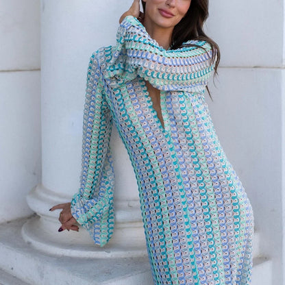 Crochet Colorful Stripe Maxi Dress Women Flare Sleeve Deep V-neck Split Sexy Long Dresses Spring Autumn Beach Banquet Vestidos