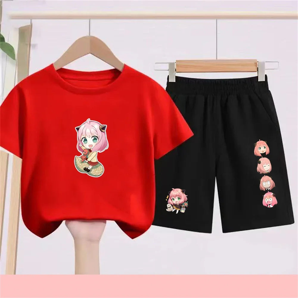 Kids Japanese Anime Spy X Family T-Shirt Sets cool Tops Boy Girls red Casual TShirt+Shorts Children's Summer Short Sleeve