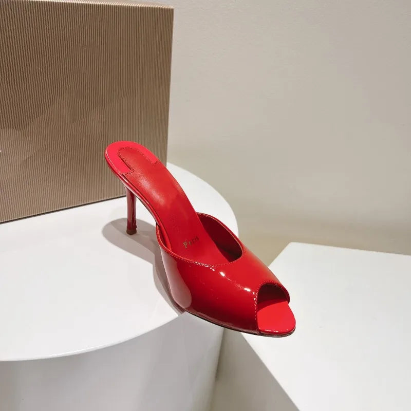 New patent leather nude high heels stiletto round head open-toed fish mouth shoes sexy outer slippers women's muller shoes