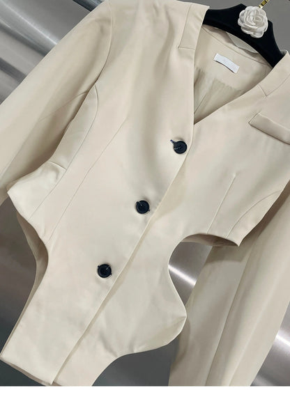 Chic Elegant & Hot Girl Style Apricot Blazer, Unique Asymmetrical Design with Cutout Detailing, Fashionable Suit Jacket
