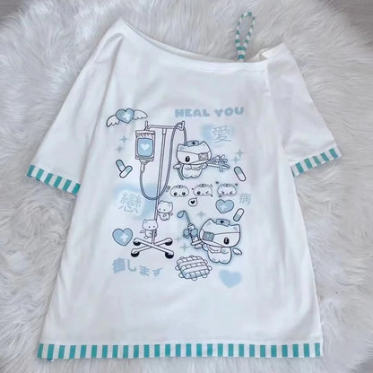 Japanese Harajuku Sweet Graphic T Shirts Women Cat Print Summer Off shoulder Top Short-sleeve Oversize Tees Loose Casual T shirt