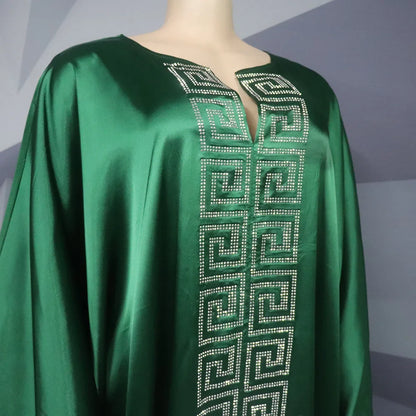 Fashion African Woman Large Size Bat Sleeve Dress Muslim Islamic Style Robe Imitation Silk Hot Fix Rhinestone