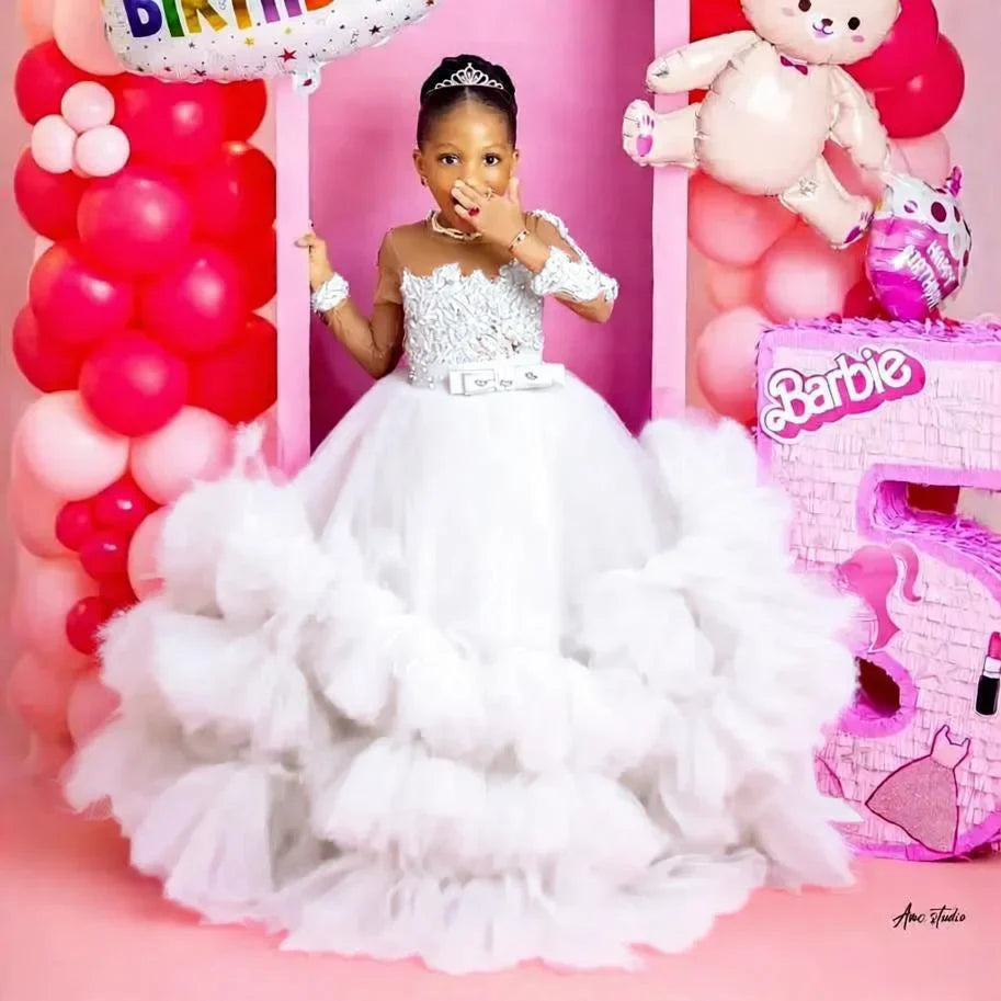 Fuchsia Princess Girls Birthday Party Dress Tiered Ruffles Long Sleeve Flower Girl Dresses for Wedding Kids Prom Gown Customized