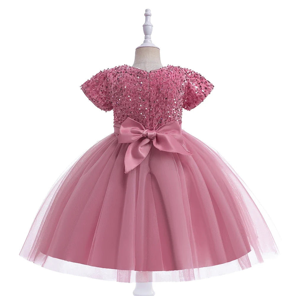 Summer Sequins Bow Party Dress For Girl Christmas Costume Elegant Wedding Princess Girls Dresses Lace Birthday Prom Gown Evening