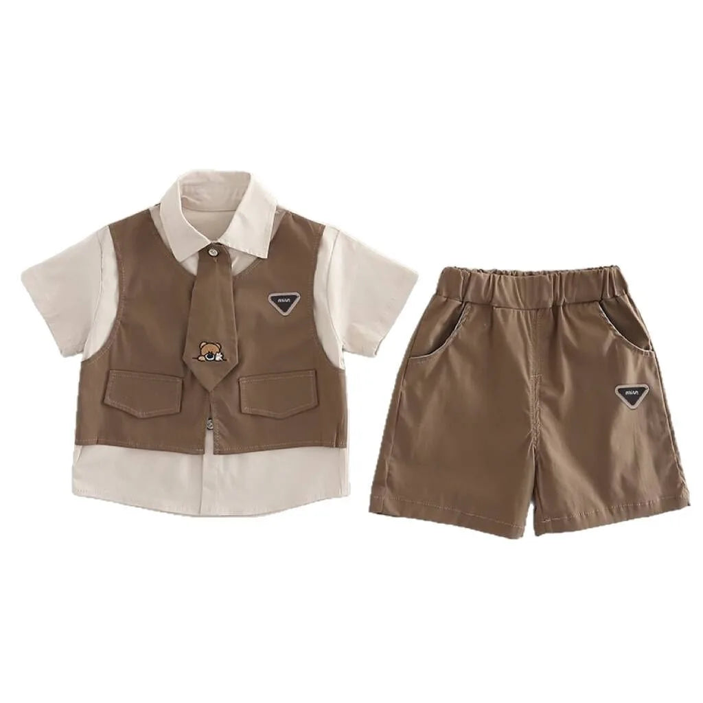 Children Summer Baby Boys Gentleman Clothes Suit Casual Tie T-Shirt Shorts 2Pcs/Sets Infant Kids Casual Clothing Outfits 1-5year
