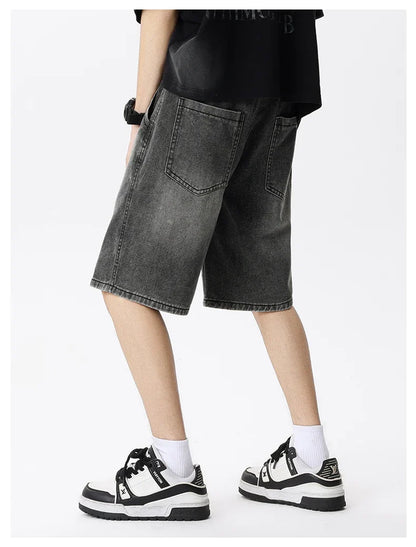 Casual Denim Shorts Men Elastic Waist Straight Comfortable Light Blue Soft Short Pants Baggy Wide Bermuda Male Jeans