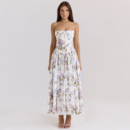 Summer Floral Print Dress Elegant 2025 New Arrivals Spaghetti Strap Flare Dress Maxi Holiday Party Dresses Women