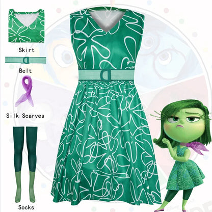 Movie Inside Out Cosplay Disgust Costume Green Dress  Halloween Carnival Party Role Play Uniform Suit for Girl