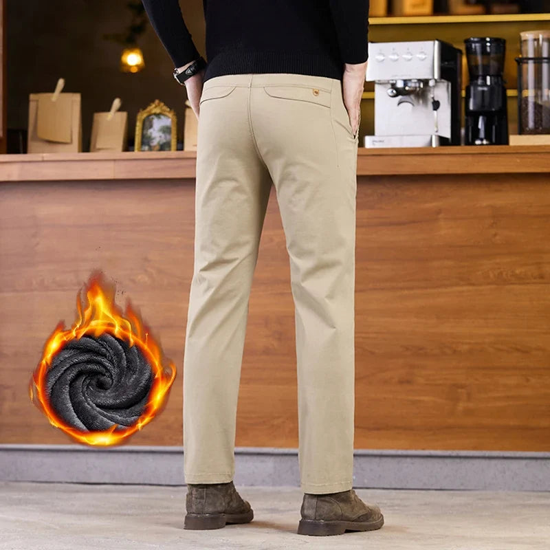2025 Winter Fleece Pants Men's Pocket Fashion Thickened Cotton Stretch Comfort Plush Straight Business Pants Male