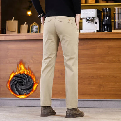 2025 Winter Fleece Pants Men's Pocket Fashion Thickened Cotton Stretch Comfort Plush Straight Business Pants Male